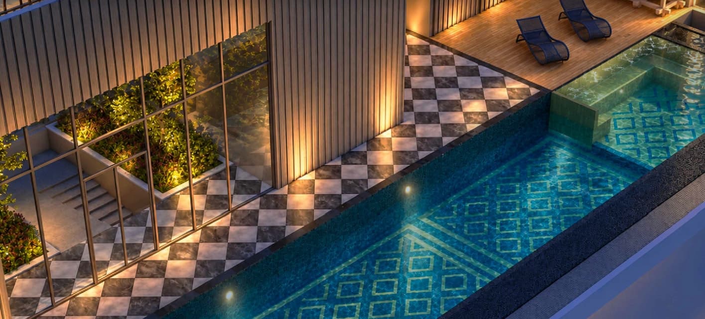 Luxe Pool and jacuzzi beside a chequered tile deck