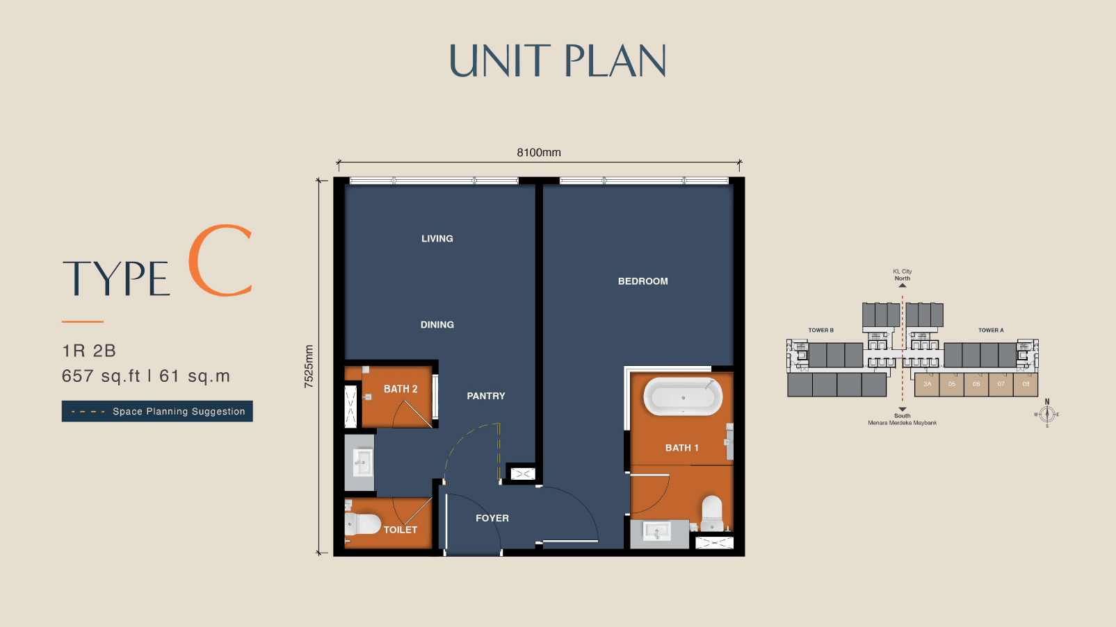 Type C / C(M) unit plan: 657 sq ft, 1 Room · 2 Baths