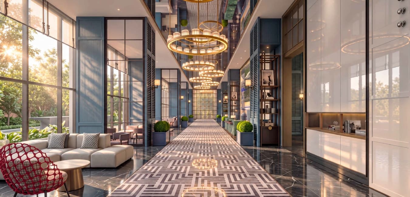 Grand Lobby with chandeliers and a patterned marble floor