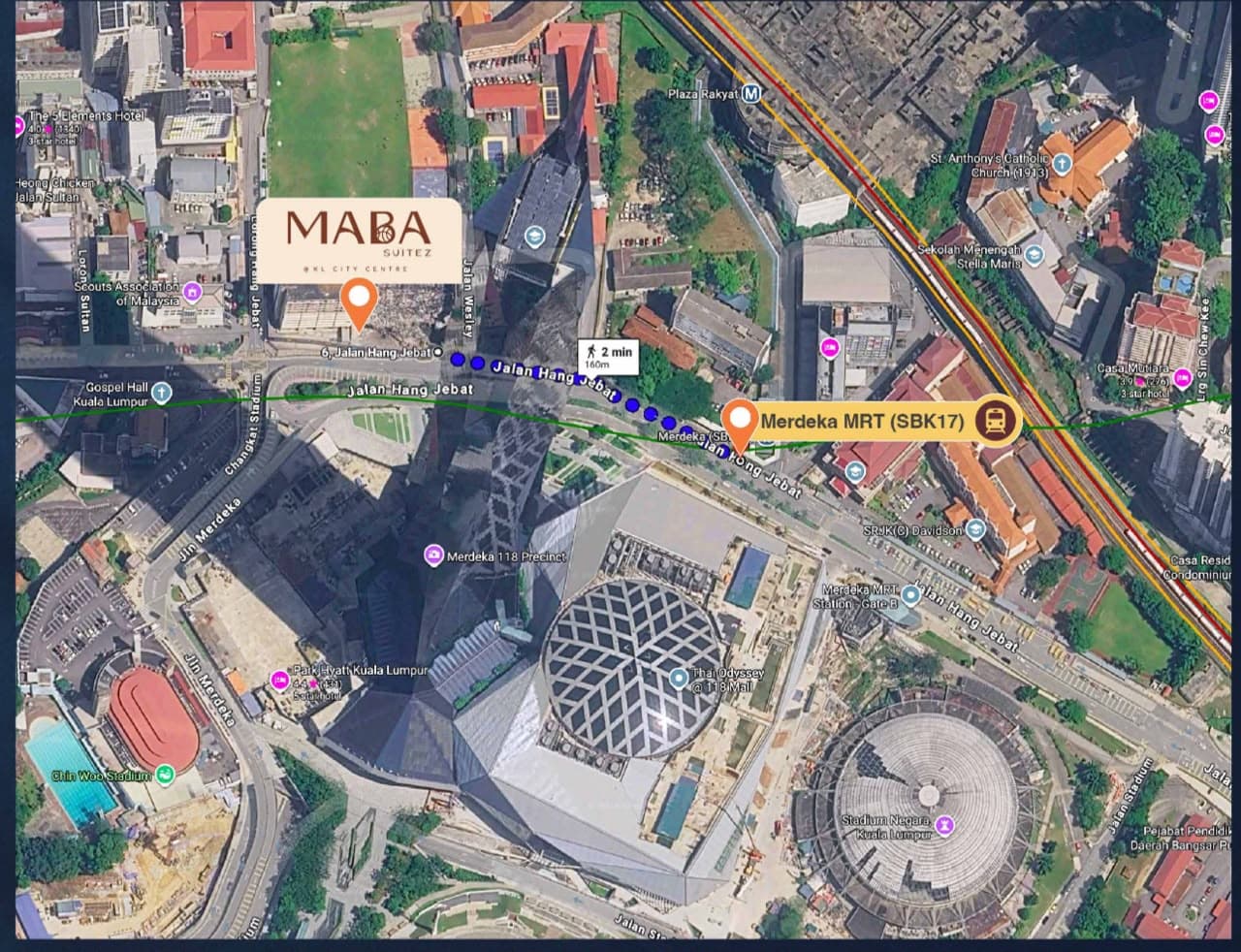 Aerial map of the walking route from MABA Suitez to Merdeka MRT